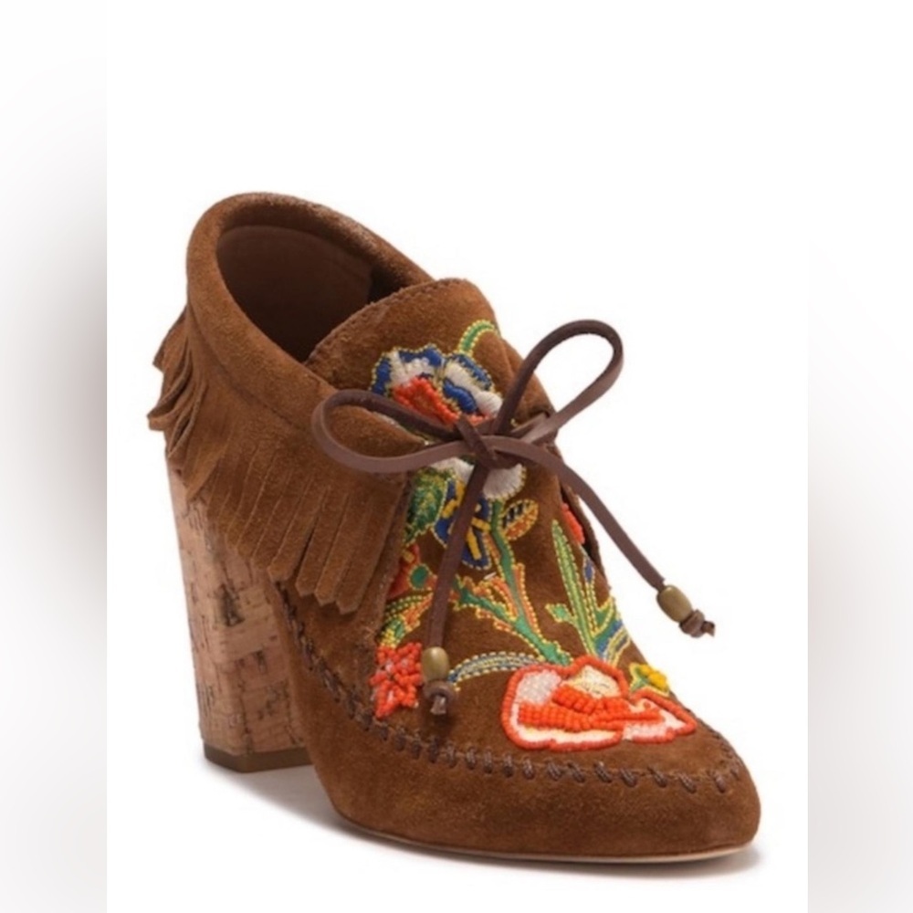 Tori Burch Leather Distressed Fringed Embroidered Suede Cork Heeled Booties 10